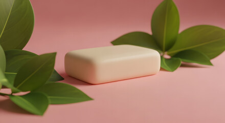 A bar of soap nestled among fresh green leaves on a gentle pink surface, representing a sense of purity and cleanliness