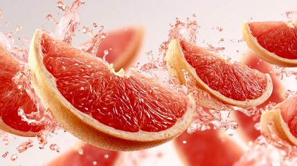 Hyper-realistic close-up of pink grapefruit slices and juice droplets flying mid-air, captured with crisp studio lighting on a pure white background. 