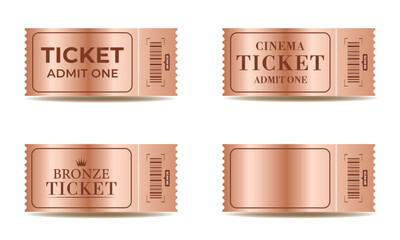 Bronze Ticket Template Set &ndash; Admit One and Cinema Vouchers with Barcode, Vector Illustration
