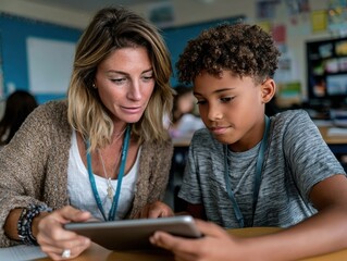 Teacher and Student using Tablet: A dedicated teacher guides a focused student using a tablet in a classroom setting, fostering collaborative learning and engagement.