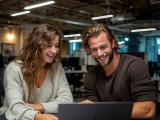 Shared Enthusiasm: A dynamic duo collaborates and shares genuine laughter while engaged with a laptop. Capturing a moment of unity, synergy, and professional harmony.