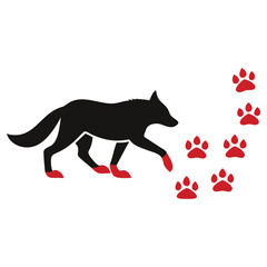 Silhouette of a black wolf walks, leaving red paw prints on a transparent backdrop