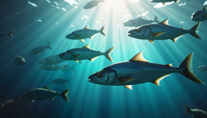 Fototapeta premium Underwater fish swimming in beams of sunlight 