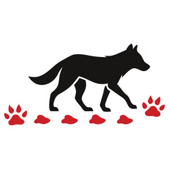 Silhouette of a wolf strides, leaving striking red paw prints behind; it's on transparent background