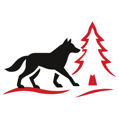 Silhouette of a black wolf gracefully walks past a stylized red pine tree