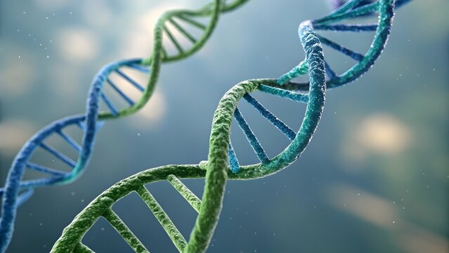 DNA helix structure on a blue abstract background representing science and technology
