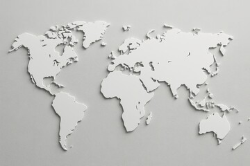 3D World Map Illustration – Minimal White Raised Landmass Design on Textured Gray Background, Modern Global Concept for Infographics, Presentations, and Educational Use