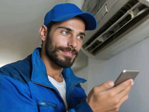 Expert Technician Inspecting Air Conditioner: A skilled technician, dressed in workwear and a cap.