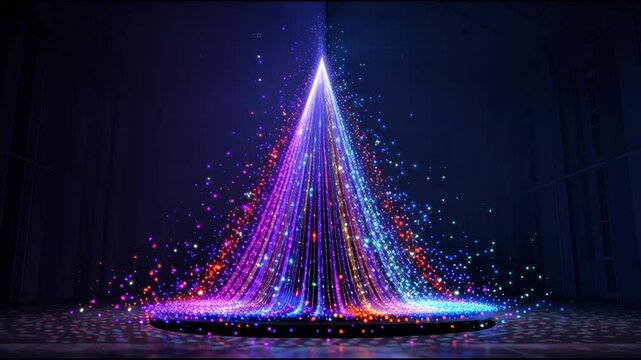 A captivating light show features a vibrant cone shape filled with colorful sparkles. The illumination dances in a dark setting, creating a stunning visual effect that enthralls viewers