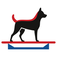 Black dog with red accents stands confidently on the platform in a minimalist style