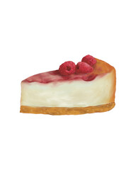 Delicious slice of cheesecake with raspberry jam topping and fresh raspberries, isolated on transparent background. Modern tasty dessert illustration in minimal flat style, perfect for bakery, pastry