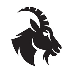 Black silhouette of goat head with curved horns, minimal and artistic logo concept for branding, farming, and creative graphic design