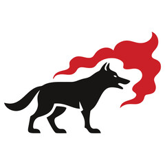 A black wolf stands while red smoke trails behind it in a minimalist style