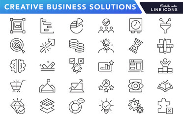 Creative Business Solutions line icon set. Ideas, brainstorming, solutions, adaptability, innovation, analysis, strategy, problem-solving line icon set. Ui thin line icon pack.