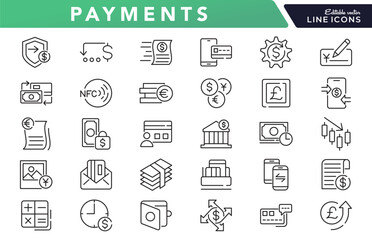 Payments line icon set. money, receipt, invoice, document, atm, cash, coins, credit card, wallet, savings, finance, growth, investments line icon set. Ui thin line icon pack.