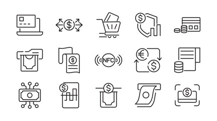Payments line icon set. money, receipt, invoice, document, atm, cash, coins, credit card, wallet, savings, finance, growth, investments line icon set. Ui thin line icon pack.