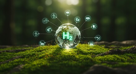 Hydrogen energy globe with green icons sustainable future concept