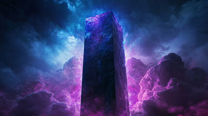 Mysterious monolith emerges amidst stormy skies unknown location digital art surreal environment panoramic view abstract concept