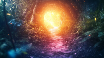 Mysterious light portal emerges in enchanted forest fantasy scene ethereal glow natural pathway dreamlike perspective
