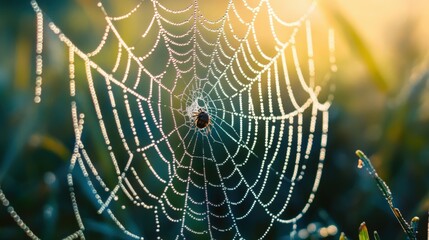 A delicate spider web covered in morning dew droplets