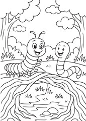 Coloring book page of millipedes with worm on a forest log.