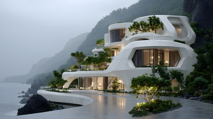 Futuristic white building on a misty coastline futuristic architecture