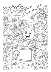 Fototapeta premium Coloring book page of a millipede at stand market jungle