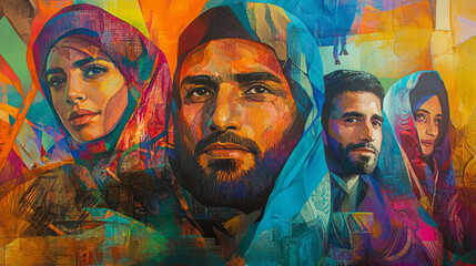 Cultural portraits of diverse individuals urban setting digital art colorful environment close-up view identity representation