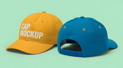 Two baseball caps on a light green surface one yellow with text and one blue showing the back closure