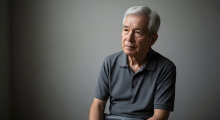 An elderly Asian man with gray hair and a gray polo shirt looking to the right