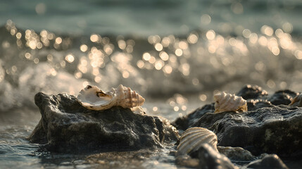 Fototapeta premium Seashells on rocks by the ocean at sunset