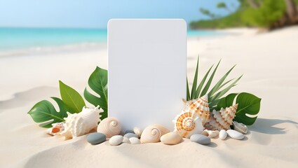 White Podium on Sandy Beach with Shells and Tropical Leaves – Summer Product Display Background