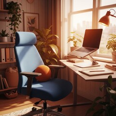 Modern home office with ergonomic blue chair, laptop on stand, and indoor plants in warm sunlight, ideal for productivity and remote work inspiration