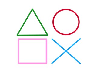 abstract illustration of four colored geometric shapes: green triangle, red circle, pink square, and blue cross 