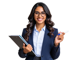 Female Teacher Holding a Marker and Notebook, Transparent Background