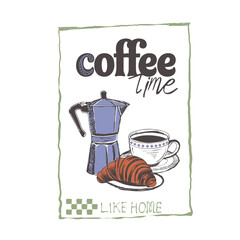 hand drawn Vintage Coffee Scene With Moka Pot And Croissant, t shirt design. brackfast graphics.
