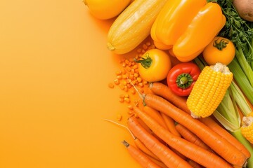 Creative flat lay of orange and yellow vegetables on matching background