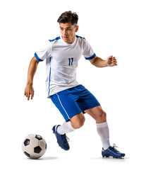 Obraz na płótnie Canvas Football athlete in motion with focus control on soccer ball, isolated background