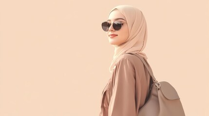 Stylish Muslim woman with bag on beige background