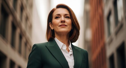 Woman in green suit white shirt looks upward city building backdrop
