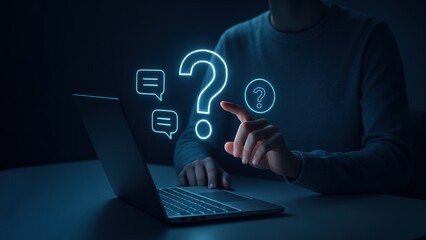 A man sitting at a desk with a laptop pointing at a floating glowing question mark with speech bubble, question mark, root cause analysis, question sign