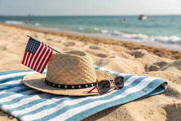 Straw hat American flag sunglasses on striped towel beach scene with sand and ocean