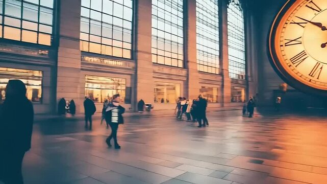 Timelapse of urban commuters under grand clock at a bustling train station