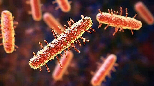 Detailed Microscopic Rendering of Rod-Shaped Bacteria Against Dark Blue And Purple Background Lighting