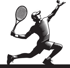  Black and white illustration of a tennis player performing a serve, capturing energy and dynamic motion.
