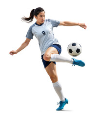 Obraz na płótnie Canvas Pro female soccer player doing a midair ball control with her leg on isolated background