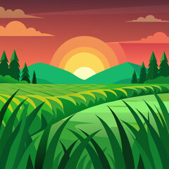 Obraz premium Serene Landscape Illustration with Vibrant Sunset Rolling Hills and Lush Green Fields Evoking a Sense of Peace and Tranquility in a Stylized Modern Design