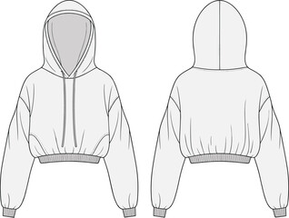 Cropped hoodie fashion flat sketch, front and back view, technical drawing, ribbed hem and cuffs, casual wear sweatshirt template

 flat vector illustration