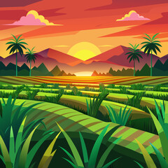 Serene Rice Field Landscape at Sunset with Palm Trees Mountains and Vibrant Colors Depicting a Peaceful and Bountiful Scene in a Stylized Flat Vector Illustration