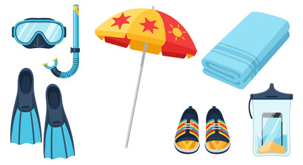 Illustration showcasing beach essentials including snorkel gear, umbrella and towel item